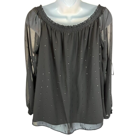 Guess Toya Off-Shoulder Smocked Blouse S NWT Black Shimmer Sheer Lined LS Top - Picture 3 of 9